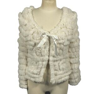 Barami NWT White Rabbit Fur Ribbon Tie Cardigan Wool Blend Sweater Sz XL